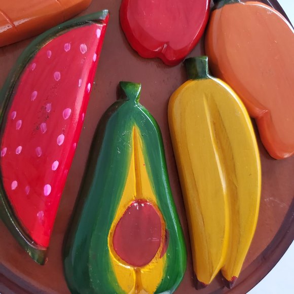 MCM Hand Carved Wood Wall Plaque Fruit & Veggies Plate Haitian Art Colourful - Picture 9 of 9